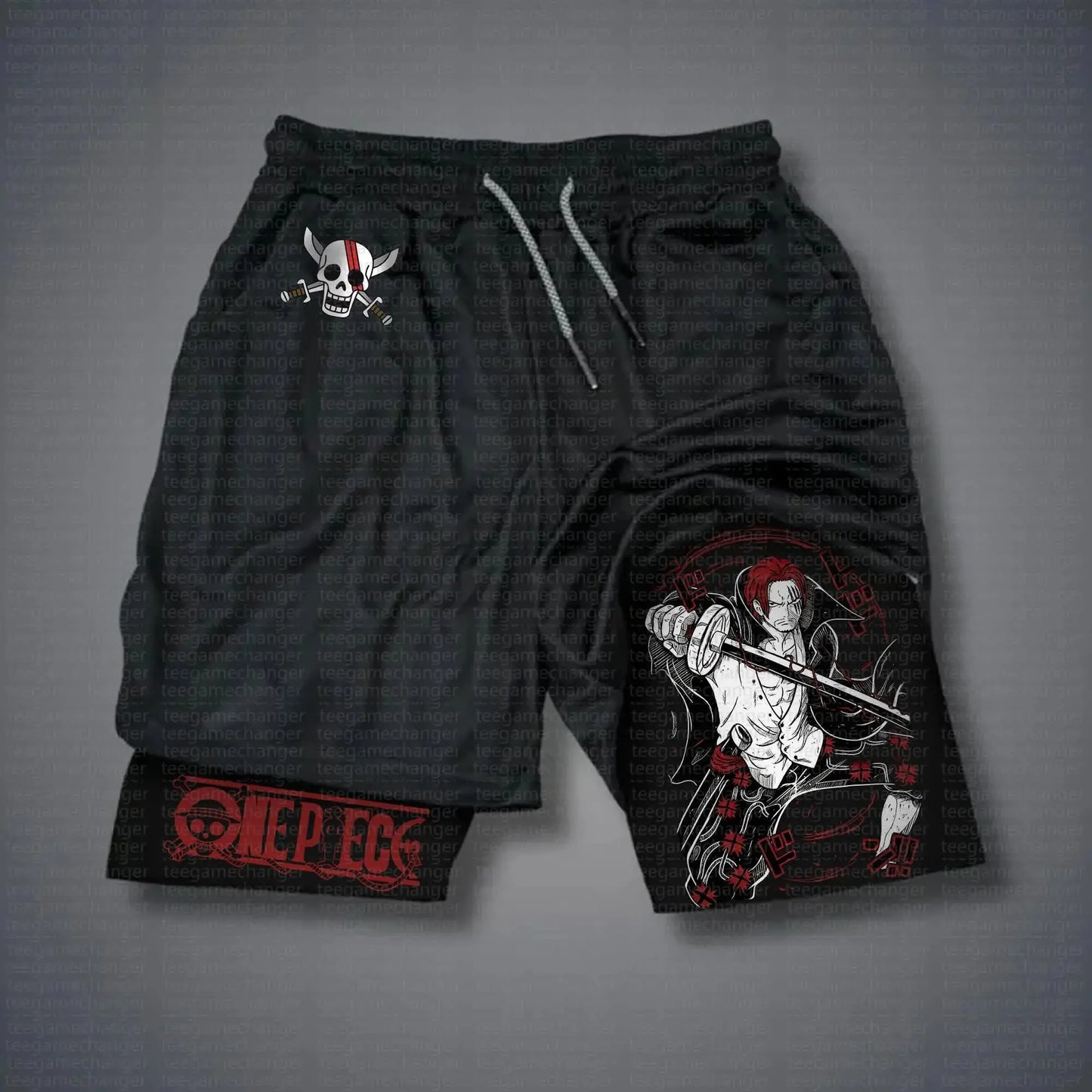 One Piece 2-in-1-sportshort - Shanks-ontwerp (Zwart en grafische voering)
