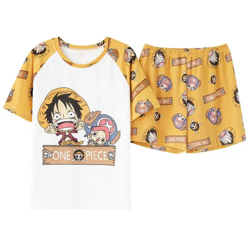 One Piece-kinderpyjama - T-shirt en short met Luffy- en Chopper-motief (Geel)